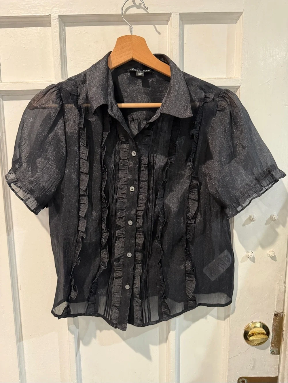 J. Crew Black Sheer Ruffle-Front Button Down Shirt